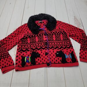 Vintage Berek Takako Sakon red embellished dog sweater scottish terrier art glam